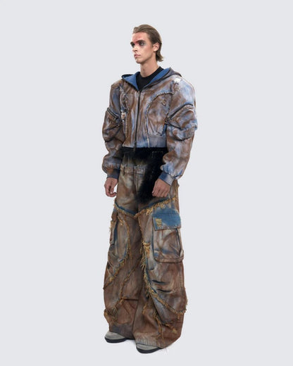 Desert-style short hooded denim jacket for men, distressed mud-dyed fake two-piece with broken structure frayed jeans