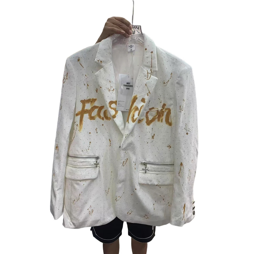 Europe and America2025New Fashion Trendy Casual Hand-painted Letter Tiger Pattern Men's Blazer