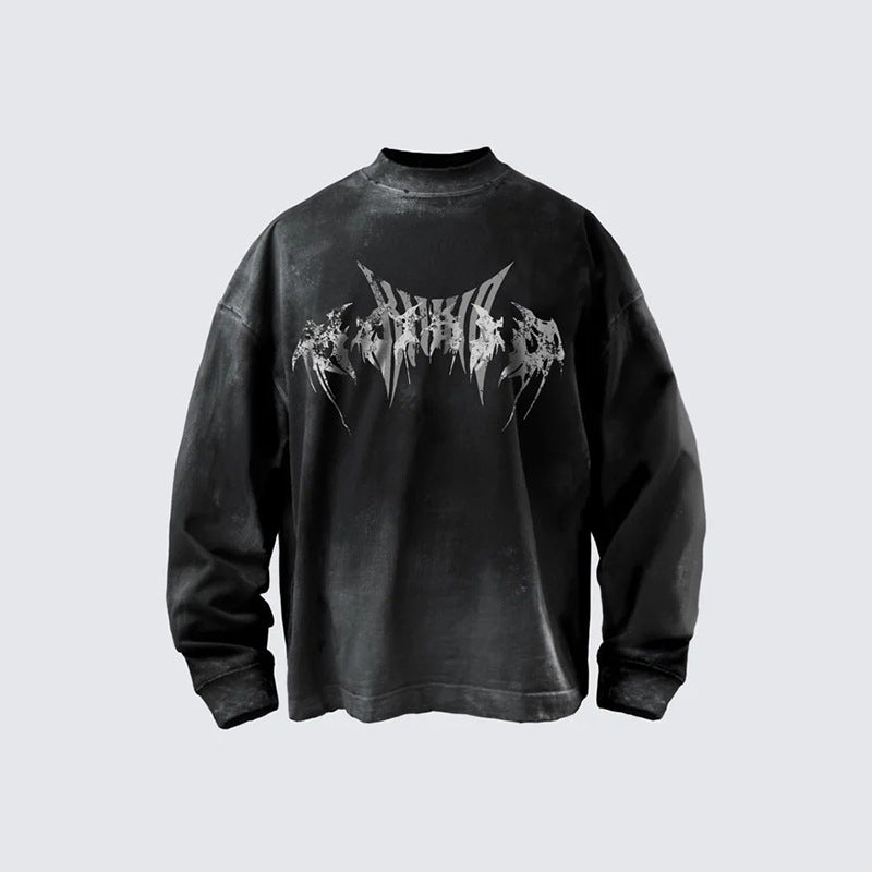 “Trendy Brand Heavy American Street Style Retro Distressed Letter Print Long Sleeve T Shirt Men's Loose Fit oversize