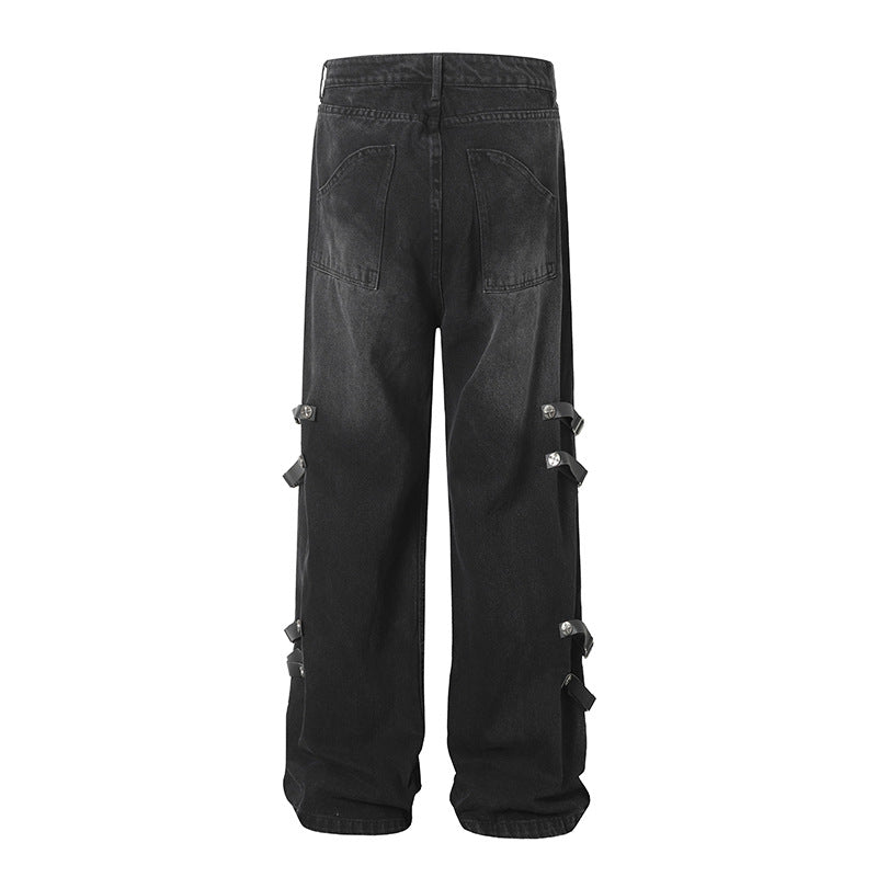 Trendy High Street Loose Retro Straight-Leg Drawstring Cargo Pants Men's Street Style Y2K Zipper Decorated Jeans