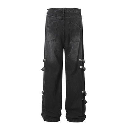Trendy High Street Loose Retro Straight-Leg Drawstring Cargo Pants Men's Street Style Y2K Zipper Decorated Jeans