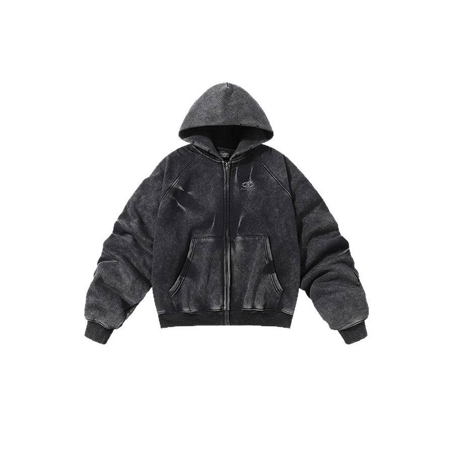 American High Street Vintage Washed Wrinkled Sleeve Hooded Fleece Men's Niche Embroidered Jacket Trendy