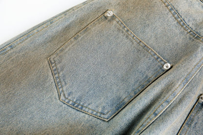 American Retro Dirty Dye Distressed Scimitar Jeans for Men, Mid-Waist Loose Fit Straight-Leg Floor-Length Wide-Leg Pants with Design Sense