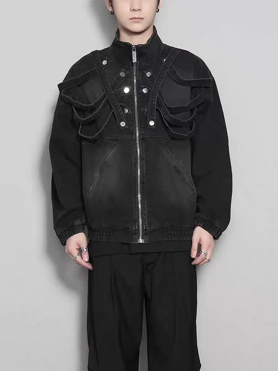 American Original Dark Style Retro Washed Padded Shoulder Distressed Denim Jacket for Men Spring and Autumn Workwear Stand Collar Jacket