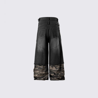 2025American High Street RO Heavyweight Washed Camouflage Embroidered Jeans Fake Two-Piece Wide-Leg Pants