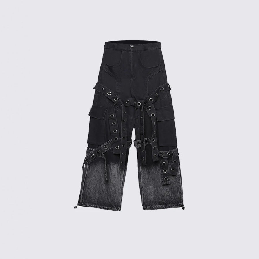 American Street Retro Heavy Design Sense Pleated Workwear Hardware Decoration Loose Draped Jeans for Men and Women