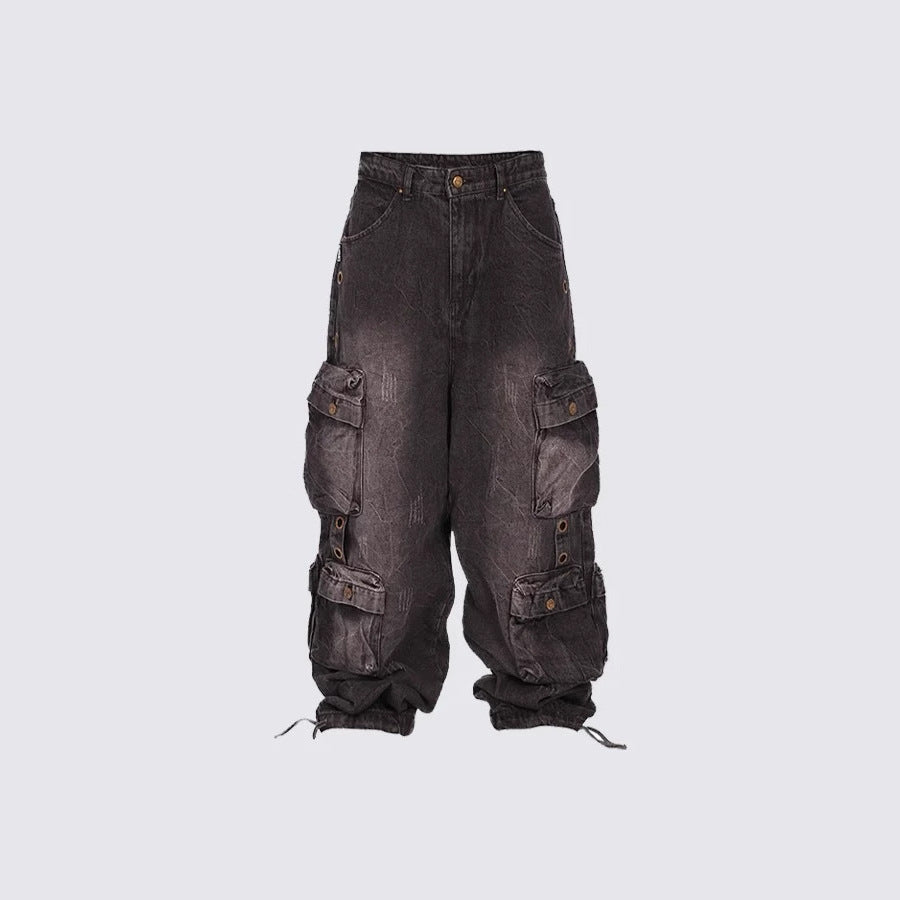 Street Style New Fashion Smoke Gray Patchwork Multi-Pocket Cargo Pants Street Washed Vintage Long Wide-Leg Pants
