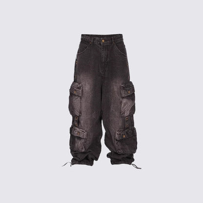 Street Style New Fashion Smoke Gray Patchwork Multi-Pocket Cargo Pants Street Washed Vintage Long Wide-Leg Pants