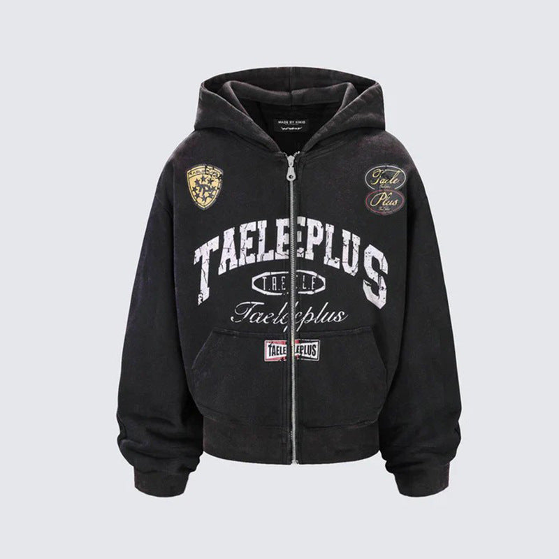 2025Spring New Vintage Distressed Letter Print Hoodie for Men, Stylish and High-End Long Sleeve Jacket