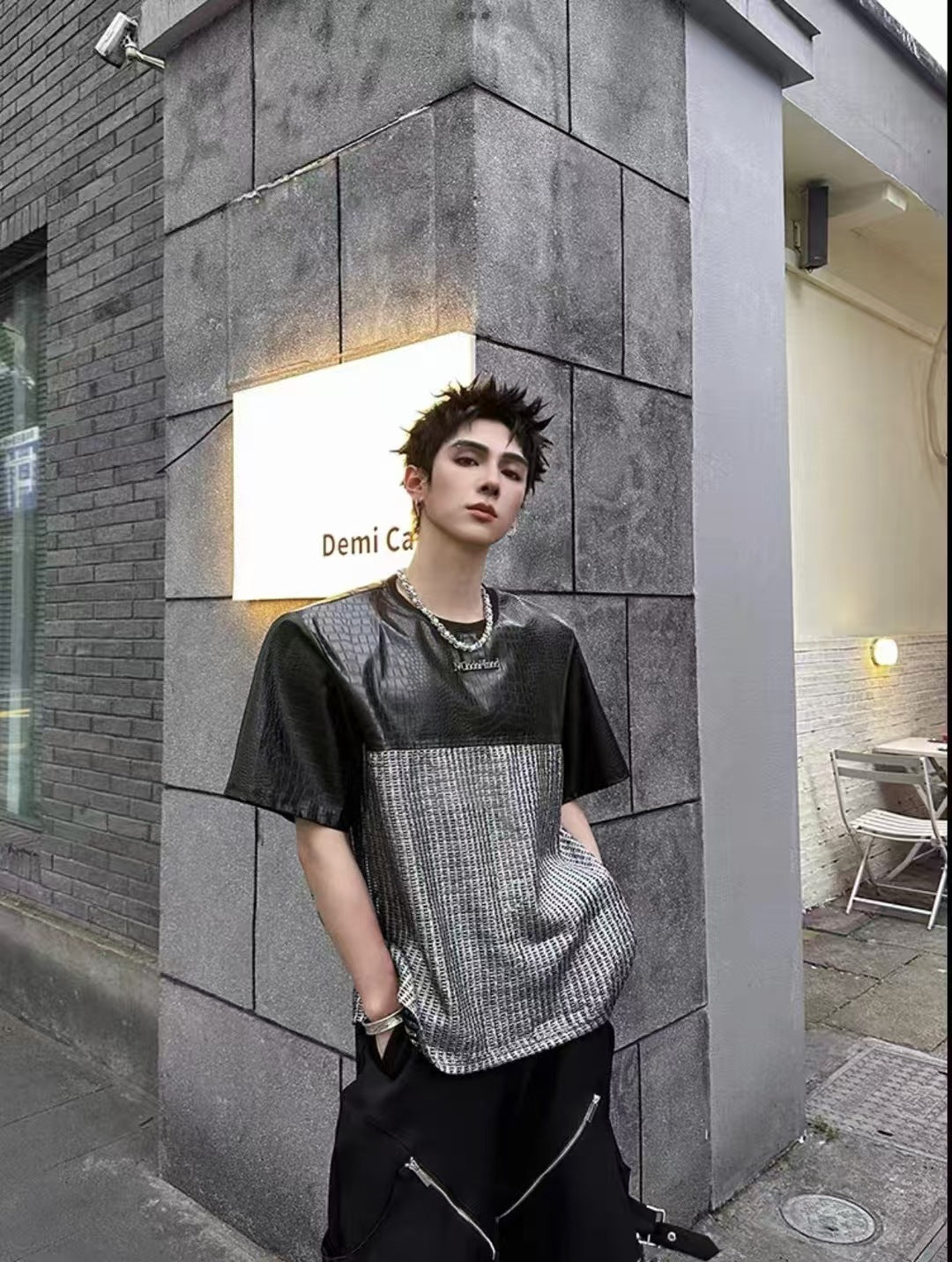 Unique Design Crocodile Pattern Leather Mesh Patchwork Short Sleeve High-end Metal Wide Shoulder Pads T Shirt