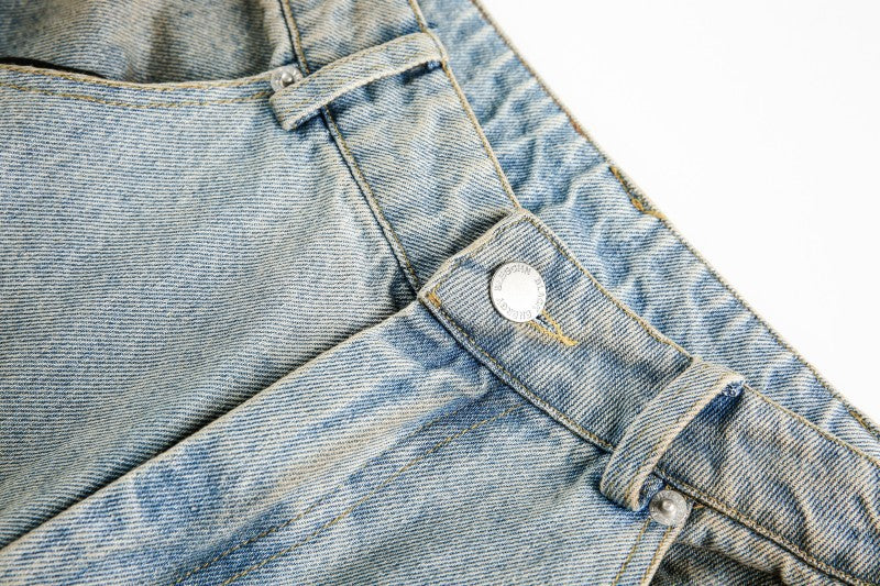 American Retro Dirty Dye Distressed Scimitar Jeans for Men, Mid-Waist Loose Fit Straight-Leg Floor-Length Wide-Leg Pants with Design Sense