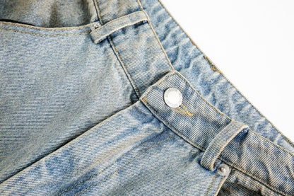 American Retro Dirty Dye Distressed Scimitar Jeans for Men, Mid-Waist Loose Fit Straight-Leg Floor-Length Wide-Leg Pants with Design Sense