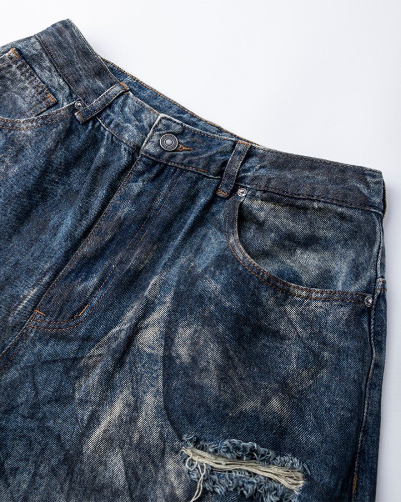 High-End European Version Spring Summer Men's Jeans Slim Straight Stretch Washed Ripped Wide-Leg Men's Pants