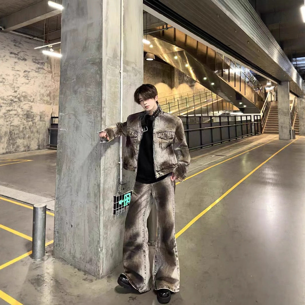 American High Street Retro Distressed Wasteland Style Washed Wrinkled Flared Jeans for Men European and American Wide-Leg Pants Trendy Long Pants