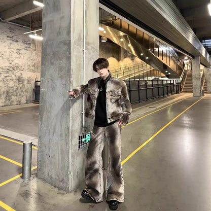 American High Street Retro Distressed Wasteland Style Washed Wrinkled Flared Jeans for Men European and American Wide-Leg Pants Trendy Long Pants