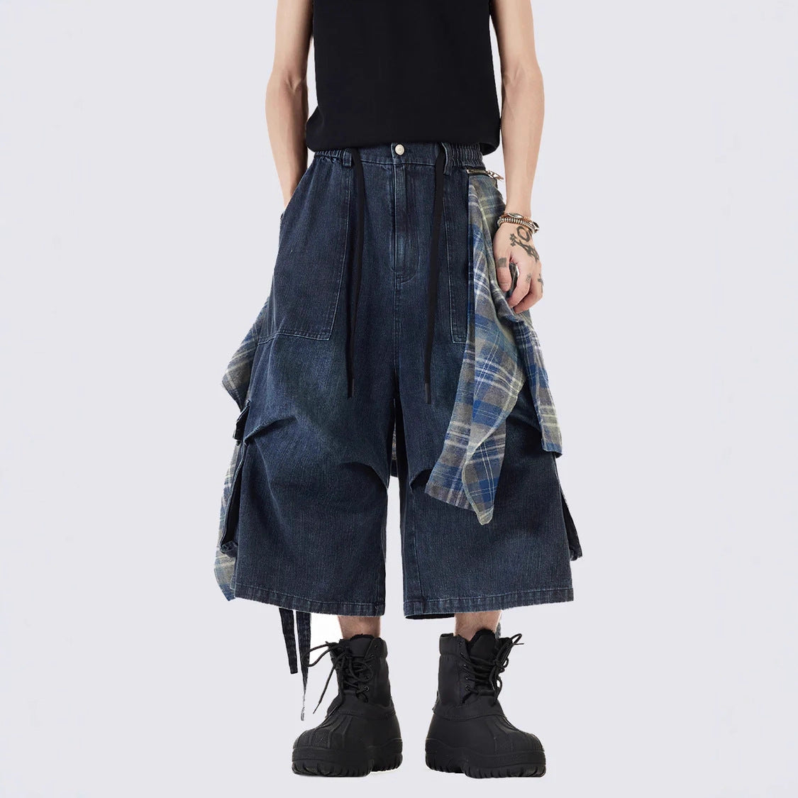 American Retro Detachable Square Scarf Black Wide-Leg Jeans for Men2025Spring and Autumn New Loose Straight-Leg Floor-Length Pants