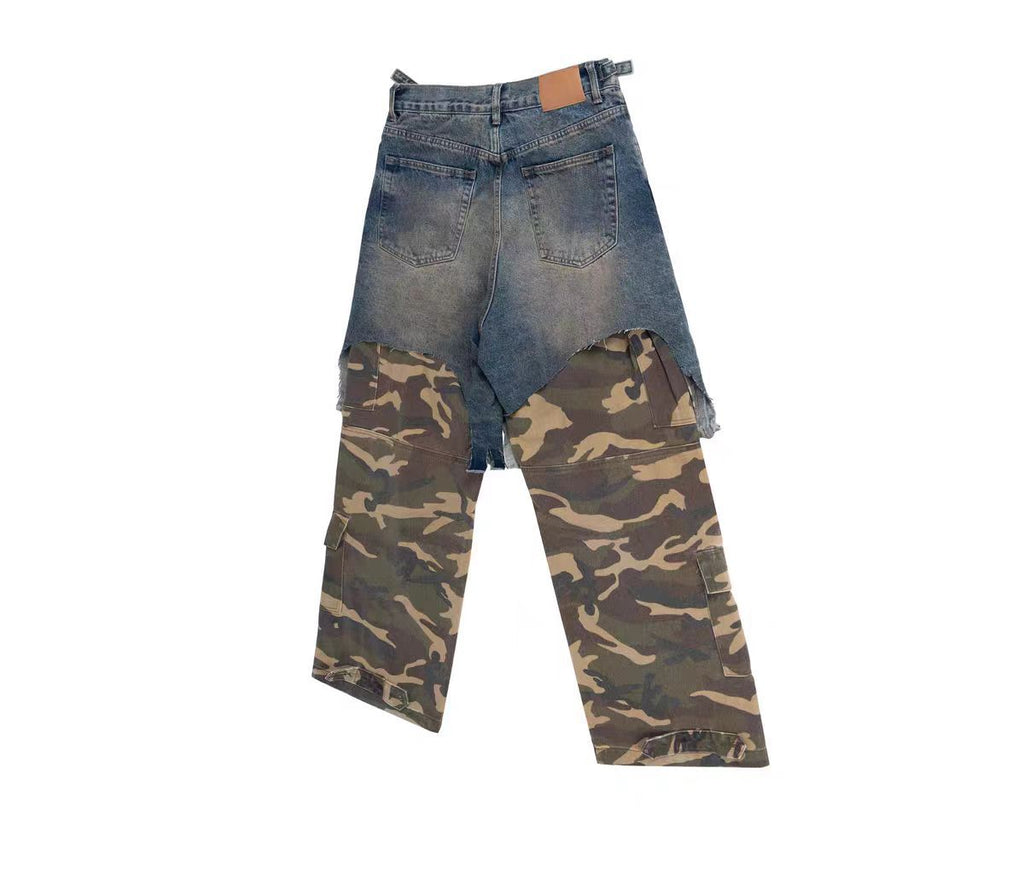 Parisian style vibe Heavyweight Patchwork Fake Two-Piece Vintage Camouflage Functional Loose Cargo Trendy Hip-Hop Jeans