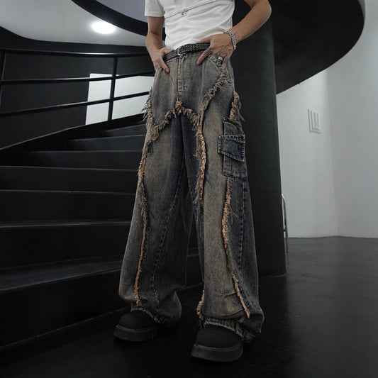 2025American High Street RO Heavy Washed Patchwork Personality Frayed Edge Denim Wide-Leg Pants