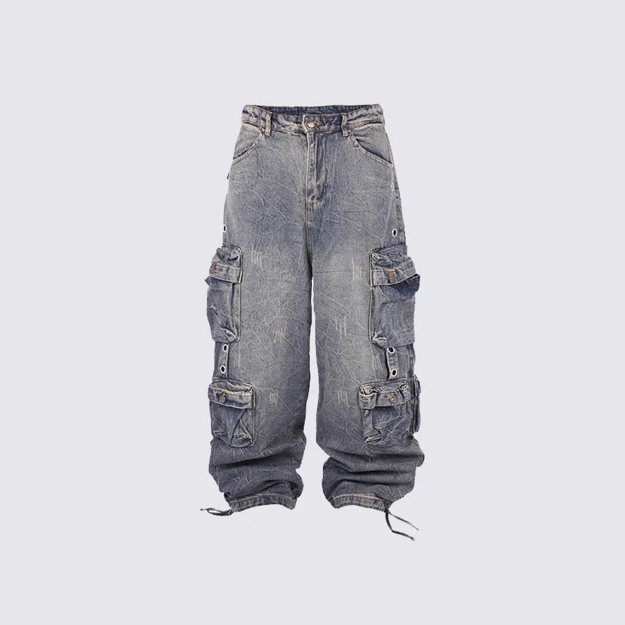 Street Style New Fashion Smoke Gray Patchwork Multi-Pocket Cargo Pants Street Washed Vintage Long Wide-Leg Pants