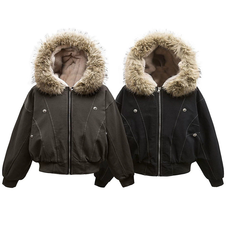 American Retro Autumn Winter Trendy Metal Buckle Design Men's Thickened Warm Hooded Cotton Jacket Long Sleeve