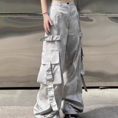 American Style Dirty Gray Wide-Leg Cargo Pants for Men and Women with Ribbon Jazz Hip-Hop High Street hiphop Straight-leg pants