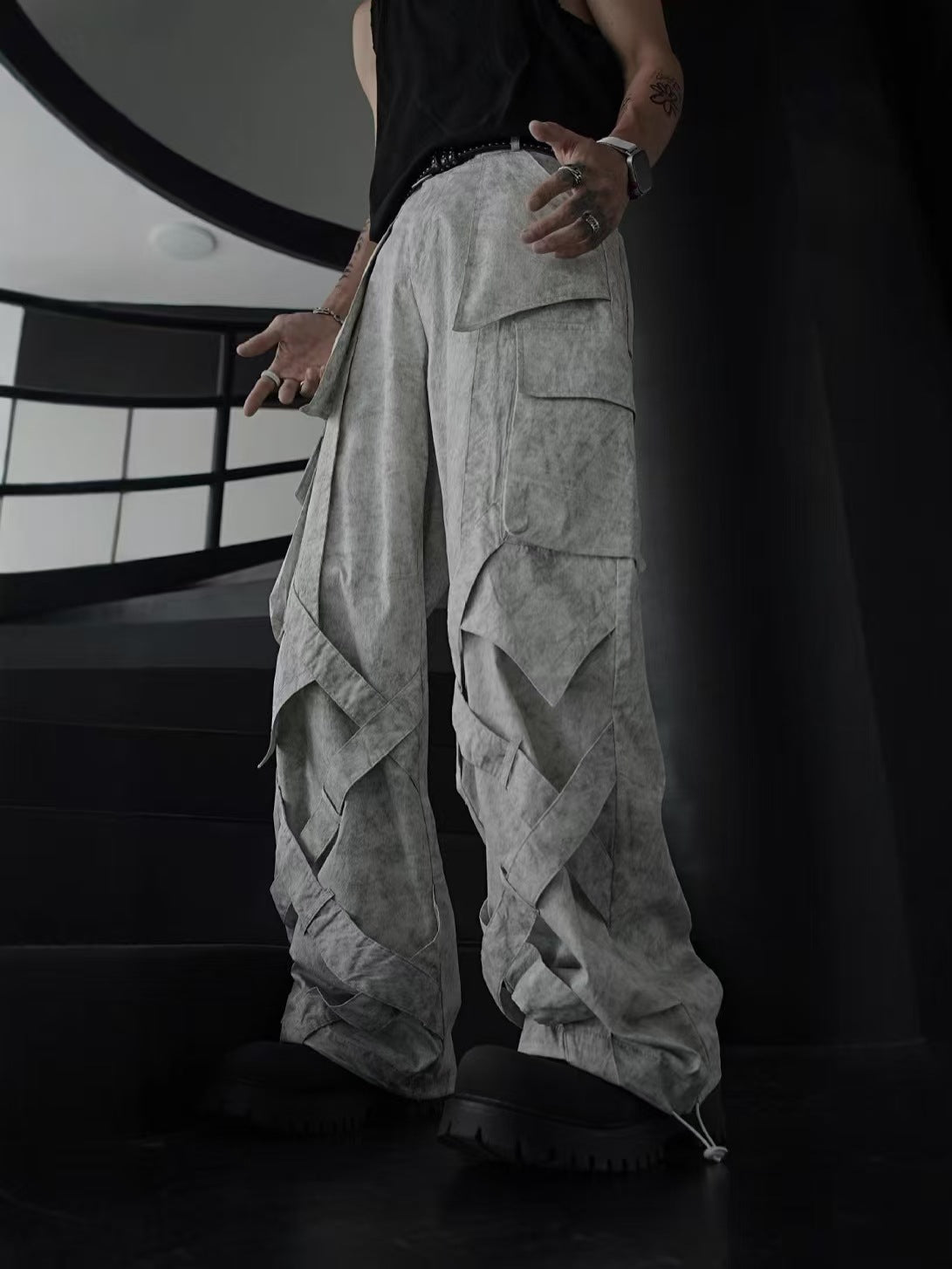Cross-Border American Style Dirty Gray Street Dance Wide-Leg Cargo Pants Unisex Straight-Leg Casual Pants Ribbon Hip-Hop High Street Floor-Length Pants
