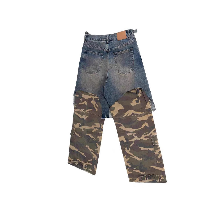 Parisian style vibe Heavyweight Patchwork Fake Two-Piece Vintage Camouflage Functional Loose Cargo Trendy Hip-Hop Jeans
