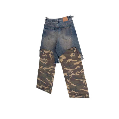 Parisian style vibe Heavyweight Patchwork Fake Two-Piece Vintage Camouflage Functional Loose Cargo Trendy Hip-Hop Jeans