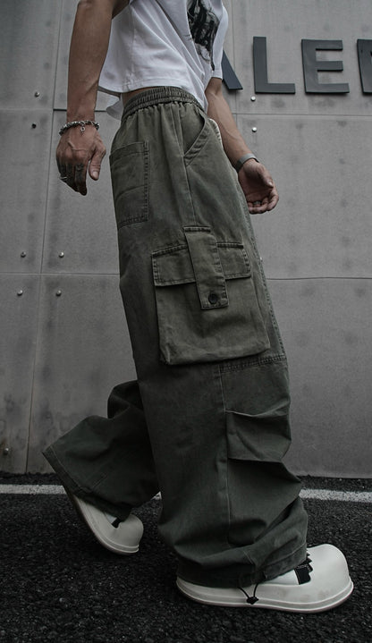American Retro Wasteland Washed Vintage Multi-Pocket Cargo Pants Unisex Trendy Loose Straight Wide-Leg Casual Long Pants