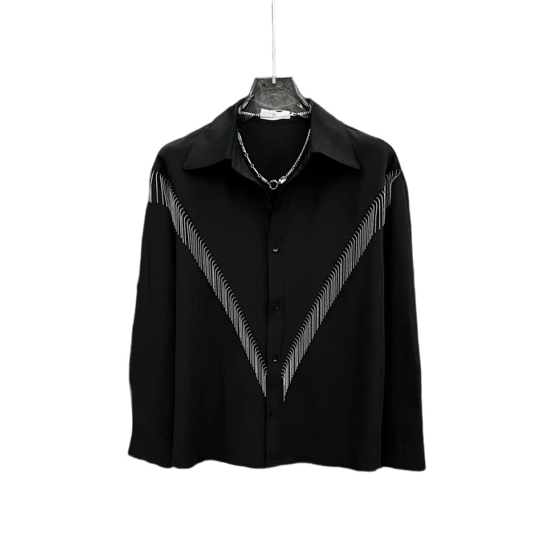 High-end Stylish Design Black Long Sleeve Shirt for Men Spring Summer New Korean Version Casual Patchwork Tassel Shirt