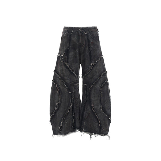 American High Street Vintage Structure Patchwork Frayed Scimitar Jeans for Men Spring Color-Washed Wide-Leg Pants Stylish