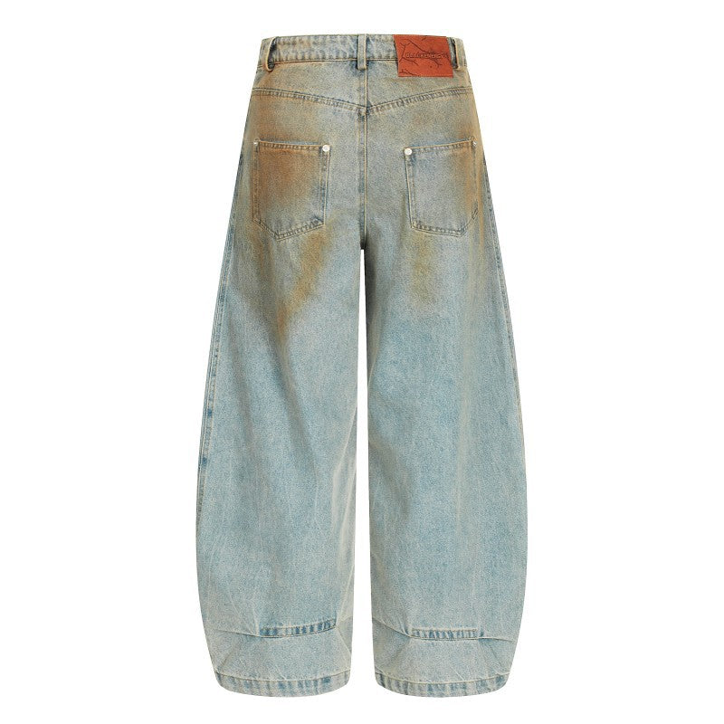 American Retro Dirty Dye Distressed Scimitar Jeans for Men, Mid-Waist Loose Fit Straight-Leg Floor-Length Wide-Leg Pants with Design Sense