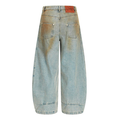 American Retro Dirty Dye Distressed Scimitar Jeans for Men, Mid-Waist Loose Fit Straight-Leg Floor-Length Wide-Leg Pants with Design Sense