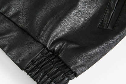 European and American Heavy Embroidery Lapel Loose Short Zipper Leather Jacket Coat