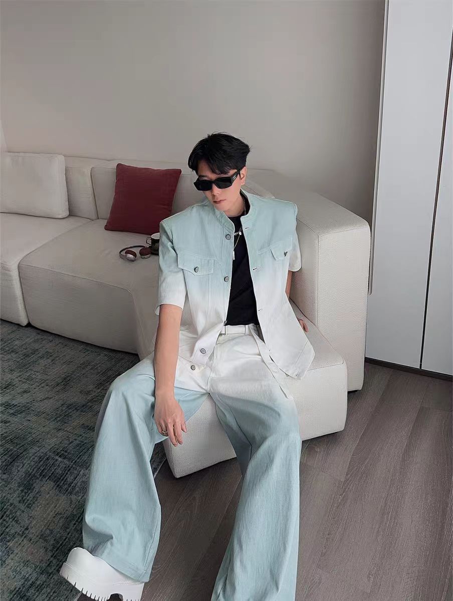Gradient Short Sleeve Denim Suit for Men2025Summer Loose Casual Scimitar Wide-Leg Pants Jacket Set