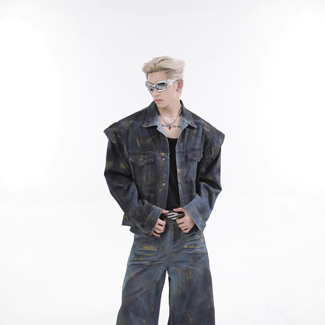 Spring and Autumn Med Vintage Scratched Denim Jacket for Men, Casual Loose Straight-Leg Pants