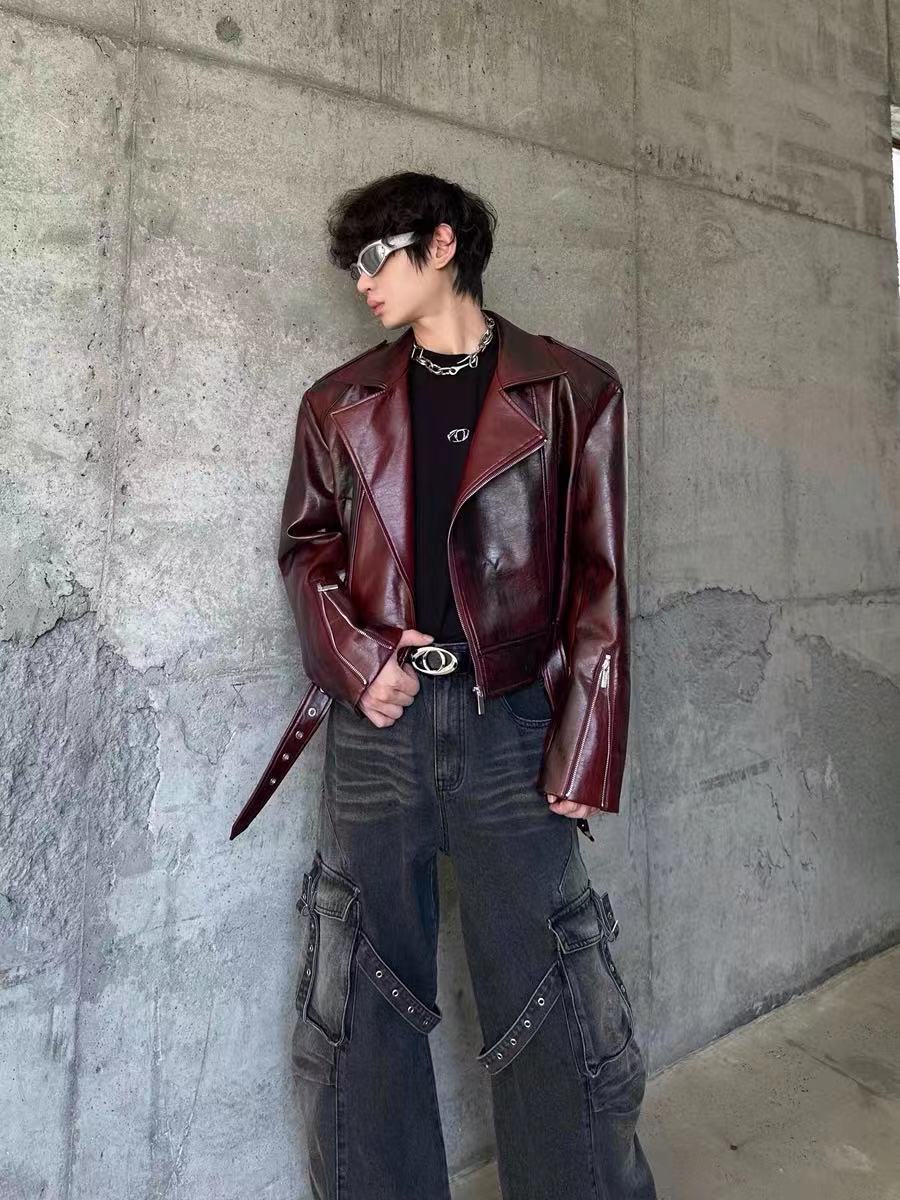 European and American Heavy Industry Angora Red High-End Feel pu Leather Motorcycle Jacket for Men and Women