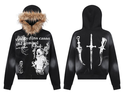 GUO WEAR  American Retro Hip-Hop Street Style Fur Collar Hooded Cardigan Sweatshirt for Men and Women, Autumn and Winter Trendy Brand