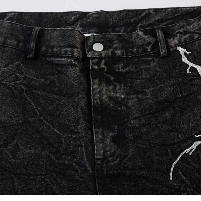 GUOWEAR2024American Style Washed Flared Jeans for Men with Lightning Embroidery Wide-Leg Trousers Trendy Retro Style