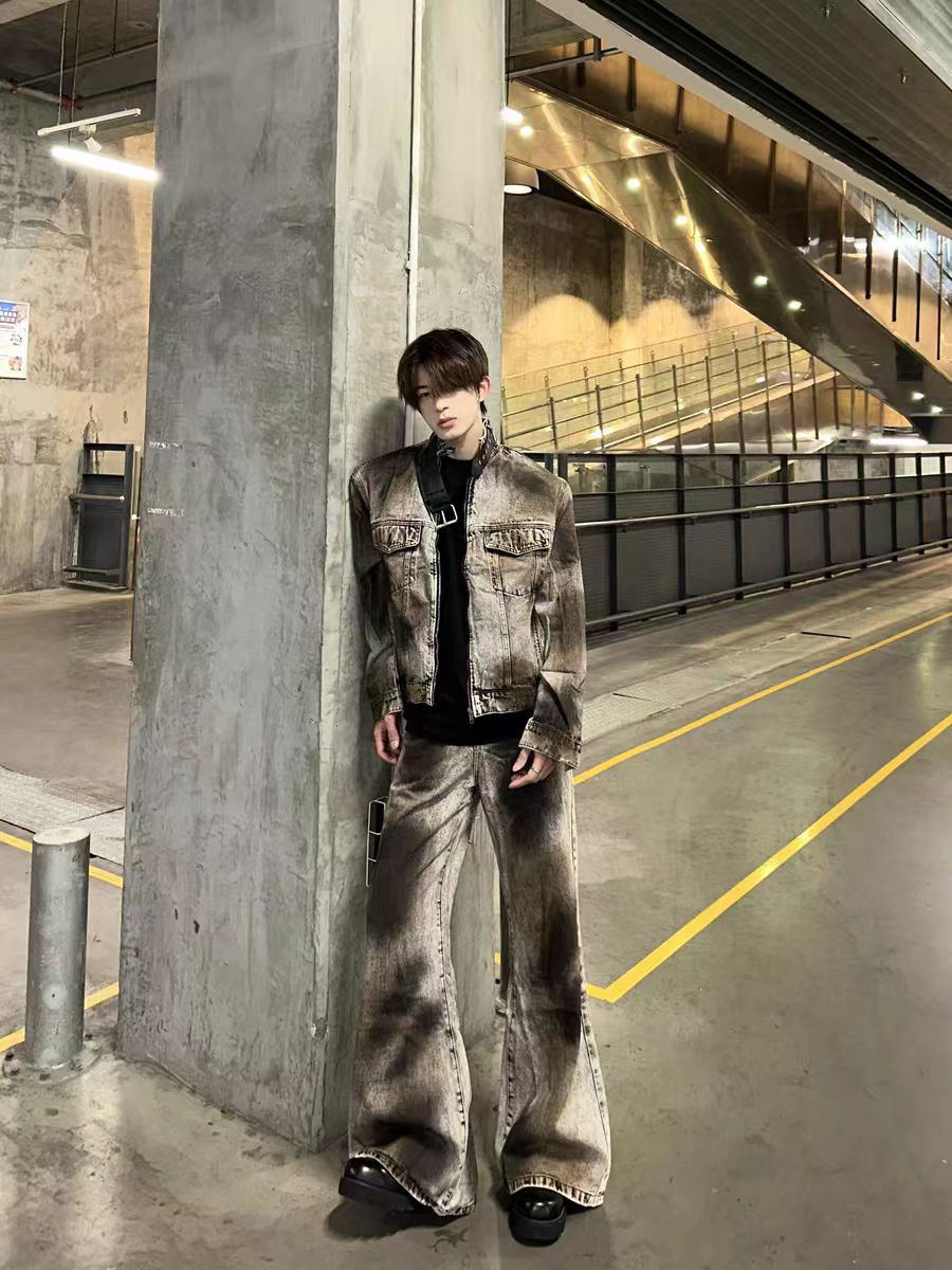 American High Street Retro Distressed Wasteland Style Washed Wrinkled Flared Jeans for Men European and American Wide-Leg Pants Trendy Long Pants