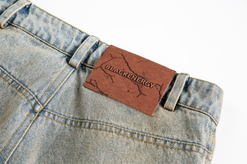 American Retro Dirty Dye Distressed Scimitar Jeans for Men, Mid-Waist Loose Fit Straight-Leg Floor-Length Wide-Leg Pants with Design Sense