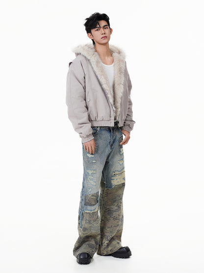 GUOWEAR Pearl Canvas Mountain Eagle Fleece-Lined Jacket American Street Wasteland Style Cotton Coat Men's Fleece-Lined Thickened Jacket