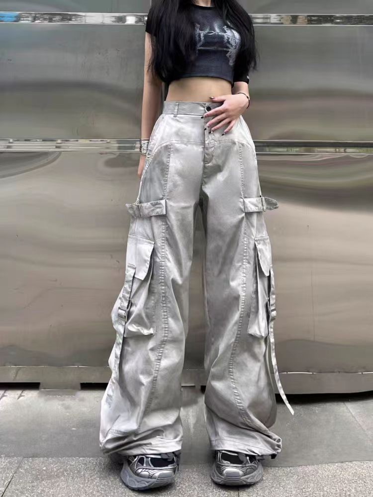American Style Dirty Gray Wide-Leg Cargo Pants for Men and Women with Ribbon Jazz Hip-Hop High Street hiphop Straight-leg pants