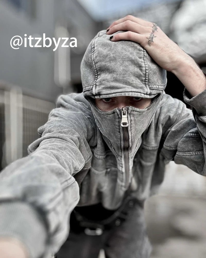2025European and American Trendy Brand Single Hat Long Zipper Eyelet Hat Design Hooded Zipper Sweatshirt Full Face Men's Style