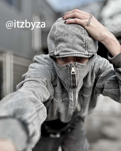 2025European and American Trendy Brand Single Hat Long Zipper Eyelet Hat Design Hooded Zipper Sweatshirt Full Face Men's Style
