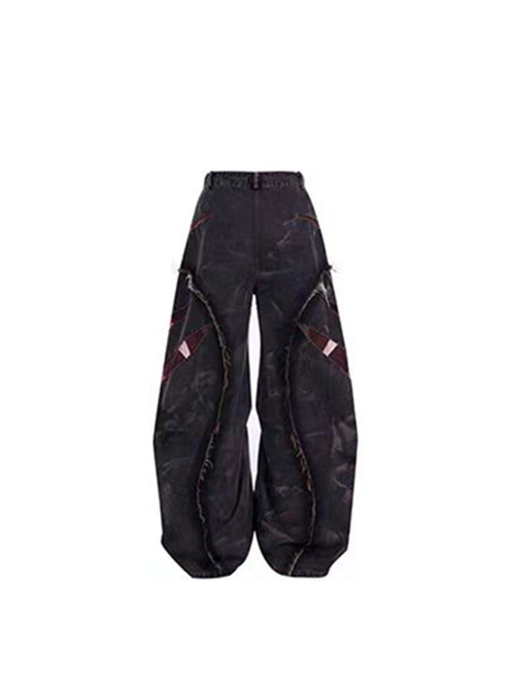 European and American High Street Heavy Craft Snowflake Scimitar Jeans for Men Spring Frayed Edge Patchwork Mesh Wide-Leg Pants
