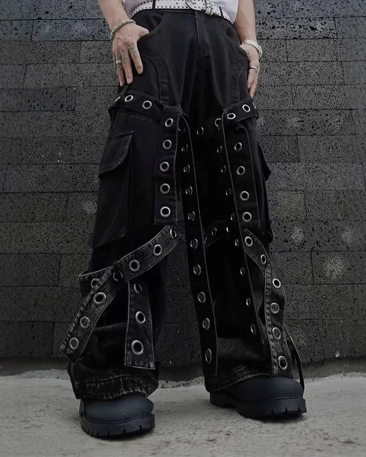 American Street Retro Heavy Design Sense Pleated Workwear Hardware Decoration Loose Draped Jeans for Men and Women