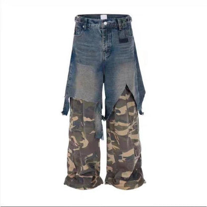 Parisian style vibe Heavyweight Patchwork Fake Two-Piece Vintage Camouflage Functional Loose Cargo Trendy Hip-Hop Jeans