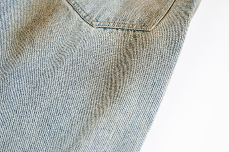 American Retro Dirty Dye Distressed Scimitar Jeans for Men, Mid-Waist Loose Fit Straight-Leg Floor-Length Wide-Leg Pants with Design Sense