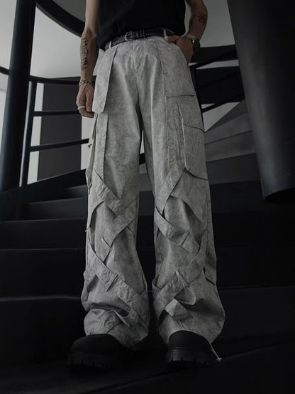 Cross-Border American Style Dirty Gray Street Dance Wide-Leg Cargo Pants Unisex Straight-Leg Casual Pants Ribbon Hip-Hop High Street Floor-Length Pants